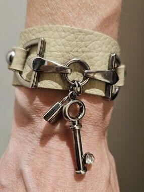 Leather Key Cuff Charm Bracelet in Greige with Silver Hardware